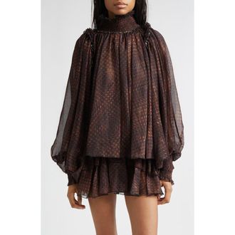 Siedres Serena Metallic Stripe Geo Print Chiffon Top in Brown Multi at Nordstrom, Size X-Small