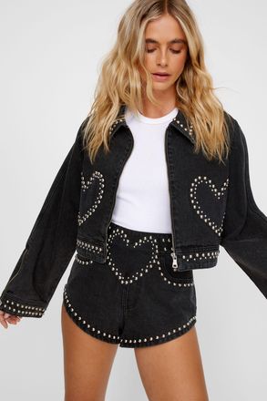 NASTY GAL Womens Heart Studded Cropped Denim Jacket - Black - Size 6 UK