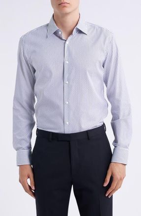 BOSS Hank Kent Slim Fit Performance Twill Dress Shirt in Dark Blue at Nordstrom, Size 17.5 - R