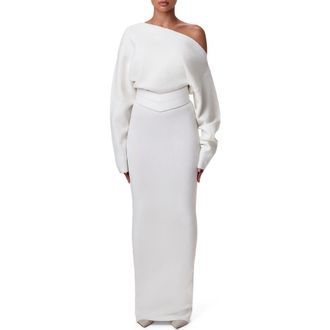 Naked Wardrobe One-Shoulder Long Sleeve Maxi Sweater Dress in White at Nordstrom, Size Small