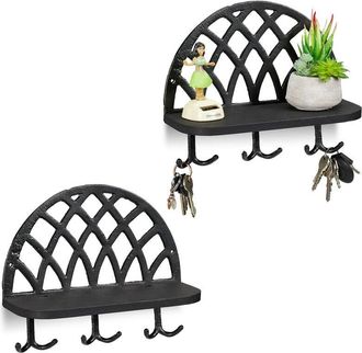Relaxdays Relaxdays Set of 2 Coat Racks, Shelf & Hooks, Vintage Key Storage, Cast Iron, Wood, HWD: 23x27x12 cm, Black