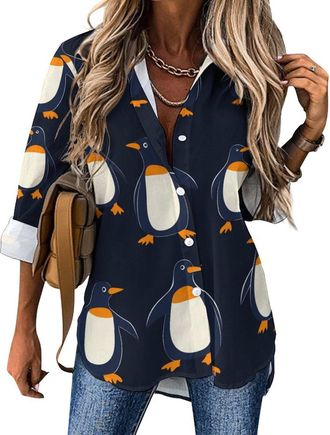 Generic Penguins Pattern Printed Button Down Shirts for Women V Neck Longsleeve Blouse Casual Tops XL