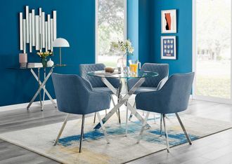 Furniturebox Novara Round Glass Dining Table & 4 Falun Silver Leg Chairs in Blue