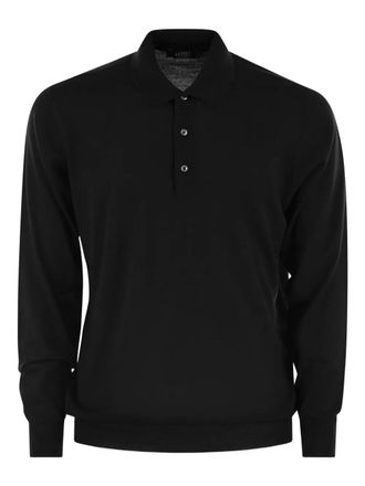 Fedeli Poloshirt met drie knopen en lange mouwen - Zwart