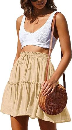 Hoerev Womens Girls Floral Flared Short Skirt Cute High Waist Ruffle Skirt Beach Mini Skirt,XXX-Large,Beige