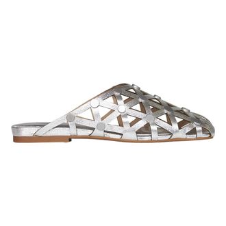 Ash Ash, Schoenen, Dames, Grijs, 37 EU, Leer, ASH Bone Vierkante Neus Studs Open Geweven Platte Mule