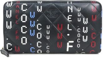 Chanel Black Blue Red Color White Leather Long Wallet (Bi-Fold) (Pre-Owned)