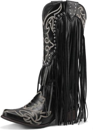 Generic Womens Knee-High Cowboy Boots PU Leather With Long Fringe Decorative Studs Embroidered Pattern Pointed Toe Comfortable Non-Slip Durable Construction,B