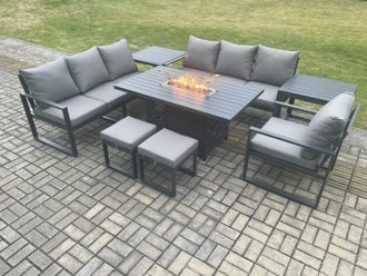 Fimous Aluminium 8 Pieces Garden Furniture Sofa Set with Cushions 9 Seater Gas Fire Pit Dining Table Set with 2 Side Tables in Dark Grey