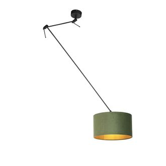 QAZQA R&uacute;stico L&aacute;mpara Colgante Negra Con Pantalla De Terciopelo Verde Y Dorado 35 Cm - Blitz Textil /acero Cil&iacute;ndra /alargada /redonda Adecuado Para Led Max