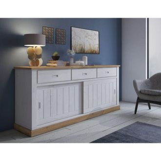 Dmora Credenza Malonno, Alacena 2 Estantes, 3 Cajones, 2 Puertas, 220x50x95h Cm Blanco