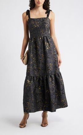 Chelsea28 Tiered Floral Brocade Tie Strap Maxi Dress in Black Multi Floral Brocade at Nordstrom Rack, Size Xx-Small