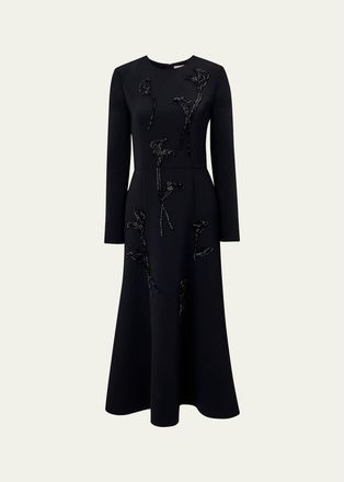 Carolina Herrera Floral Embellished Long-Sleeve Midi Trumpet Dress
