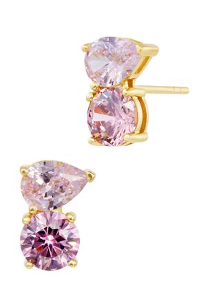 Savvy Cie Jewels GOLD PLATED OVER STERLING SILVER.925 TOI ET MOI ROUND AND PEAR MULTI COLOR CZ STUD EARRINGS