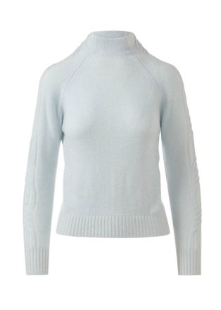 Kinross Cashmere Womens Plaited Cable Sleeve Funnel Sweater In Ice Blue/pearl