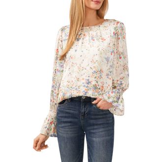 CeCe by Cynthia Steffe Floral Ruffle Cuff Charmeuse Top in Egret at Nordstrom, Size X-Small