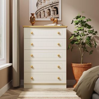 Welcome Furniture Byland Ready Assembled 5 Drawer Chest in Cream Ash & Modern Oak - Welcome Furniture | TJ Hughes