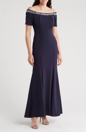 Marina Rossini Beaded Off-the-Shoulder Short Sleeve Trumpet Gown in Navy at Nordstrom Rack, Size X-Large