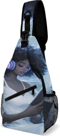Generic Black Woman Reading with Headphone Mens Shoulder Bags Sling Crossbody Backpack Travel Hiking Chest Bag with Small Side 38x20cm