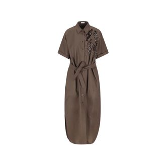 Brunello Cucinelli Vestido midi con cintur&oacute;n y adornos de lentejuelas - Dresses - Mujer - Marr&oacute;n - L