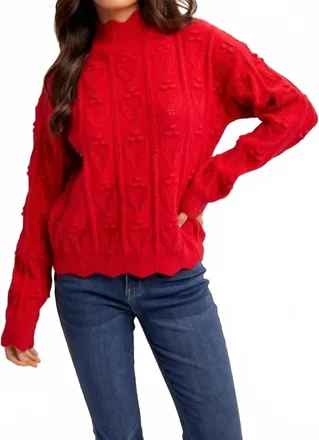 Hem & Thread Cody Scalloped High Neck Sweater In Red