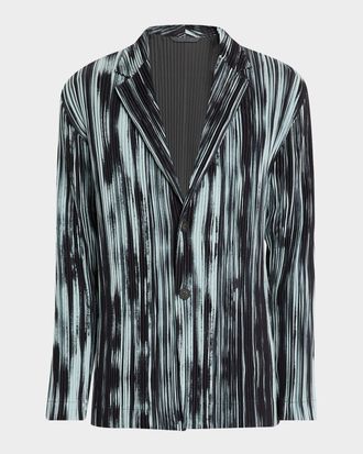 Homme Pliss&eacute; Issey Miyake Mens Brushstroke Stripe Pleated Blazer Jacket