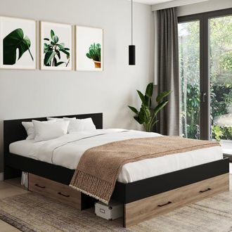 IDMarket Cama Doble Minea Con Cajones + Nichos De Almacenaje Y Somier De Haya Efecto Madera De 140x190cm