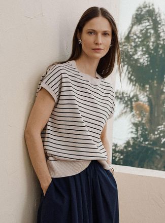 Contemporaine Womens Striped cap-sleeve 100% cotton sweater