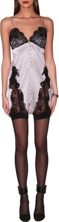 Fleur du Mal Executive Stripe Lace Trim Silk Blend Chemise in Ash Pinstripe at Nordstrom, Size X-Small