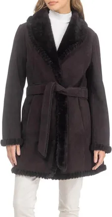 Gorski Genuine Shearling Stroller with Whipstitch Trim, Belt in Dark Brown at Nordstrom, Size X-Small