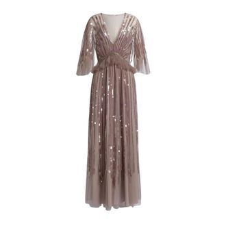 Alberta Ferretti Abito lungo in tulle ricamato con paillettes - - Dresses - Donna - Beige - M