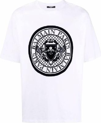 Balmain Flock Logo Embossed Cotton T Shirt, Size Medium