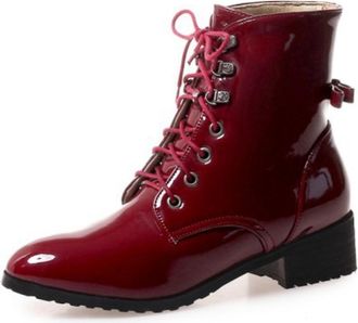 Generic Womens Ankle Boots PU Synthetic Leather Pointed Toe Low Chunky Block Heels Lace Up Side Buckle Decoration Comfortable Non Slip Durable Shoes for Casua