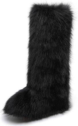 Generic Womens Winter Knee High Boots Fluffy Faux Fur Boots With Thick Fleece Lining Cozy Snow Boots Available In Plus Sizes(Black,4.5)