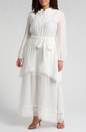 Melloday Lace Trim Long Sleeve Dress in White at Nordstrom Rack, Size 1X