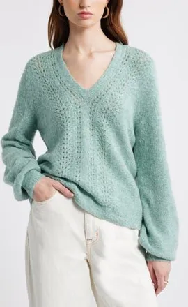 Treasure & Bond Oversize Pointelle V-Neck Sweater in Green Milieu at Nordstrom Rack, Size X-Large