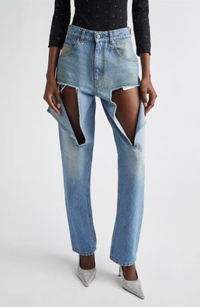 Area Thigh Slash Straight Leg Jeans in Medium Blue at Nordstrom, Size 29
