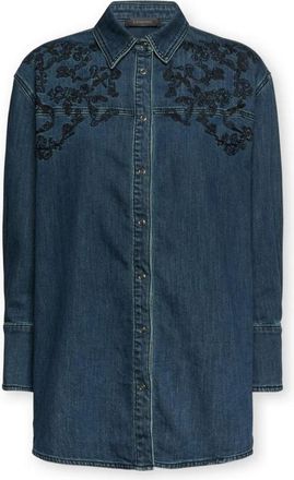 Elena Miro Lange spijkerblouse met borduursel - Dames - Spijkeroverhemden - Blauw - M - Katoen - Overhemden
