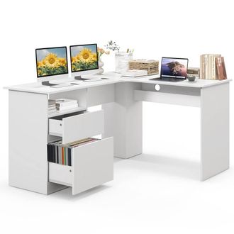 Costway Costway L-Shaped Computer Desk 150cm Modern Writing Study Table w/ Drawers in White
