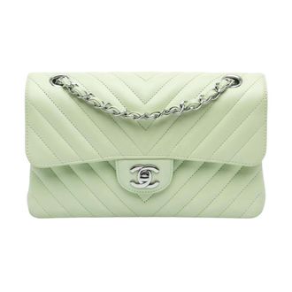 Chanel Pre-owned Small Classic Chevron Lambskin Double Flap Shoulder Bag - Dames - Pre-owned - Groen - Maat: ONE Size Leer