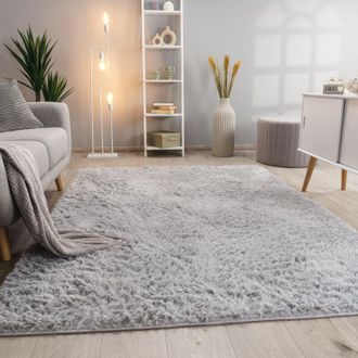 Paco Home Tappeto Salotto Pelo Lungo Shaggy Pelliccia Finta Morbido Argento Grigio 200x290 cm - Paco Home