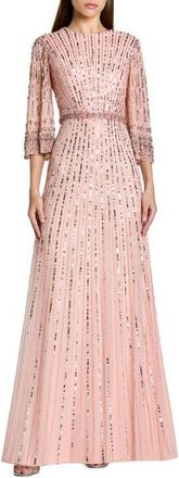 Mac Duggal High Neck Embellished Gown With 3/4 Sleeves in Rose at Nordstrom, Size 18
