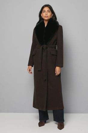 Wallis Womens Faux Fur Collar Tie Belt Coat - Chocolate - Size 10 UK