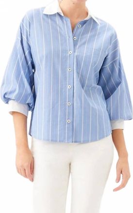 Karen Kane Stripe Lantern Sleeve Button-Up Shirt In Blue With Off White