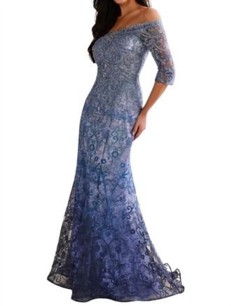 Mon Cheri Ivonne D Off-The-Shoulder Three Quarters Sleeve Gown In Navy/periwinkle
