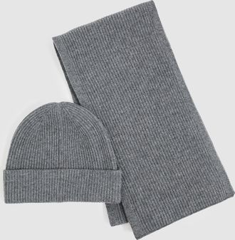 Reiss Mid Grey Melange Merino Wool Ribbed Scarf And Beanie Set