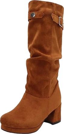 Generic Womens Elegant Mid Calf Boots Square Toe High Block Heel With Platform Slip On Design Pleated And Buckle Detail