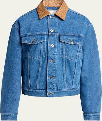 Bottega Veneta Mens Intrecciato-Leather Collar Denim Jacket