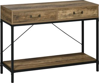 HOMCOM Homcom Mesa De Consola Industrial, Mesa De Sof&aacute; Con 2 Cajones Y Estante, Consola Para Recibidor Con Patas De Metal, Para Sal&oacute;n, Marr&oacute;n Y Negro