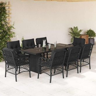 vidaXL Set De Comedor De Jard&iacute;n 9 Pzas Y Cojines Rat&aacute;n Sint&eacute;tico Negro Vidaxl
